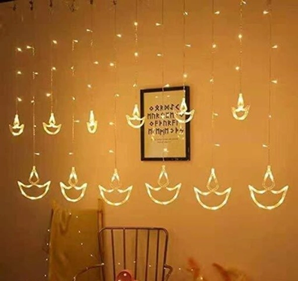 BLACK HORSE CREATION 6 Big  & 6 Small Diyas &  8 Flashing Modes  Cutain String Light  Decoration for Christmas, Wedding, Party, Home, Patio Lawn, Warm White  -  ,  Golden, Rope Light,  Pack of1,  Star